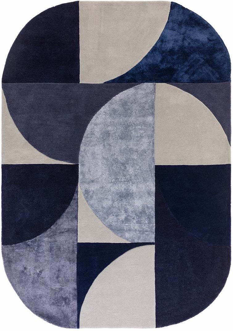 wool and viscose modern oval rug with geometric shapes in purple, blue, black and beige.