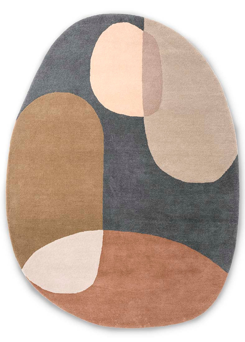 multicolour oval shaped wool rug with abstract design