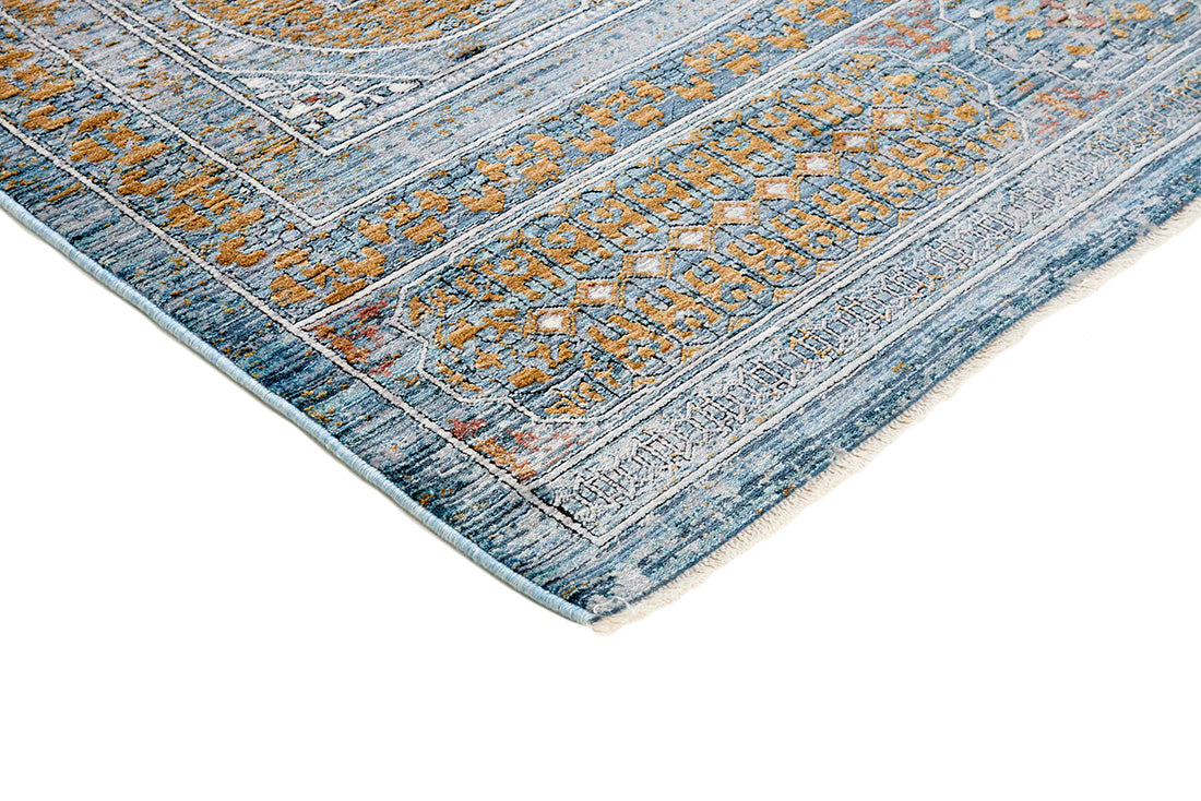 Ornate blue heritage area rug with traditional pattern