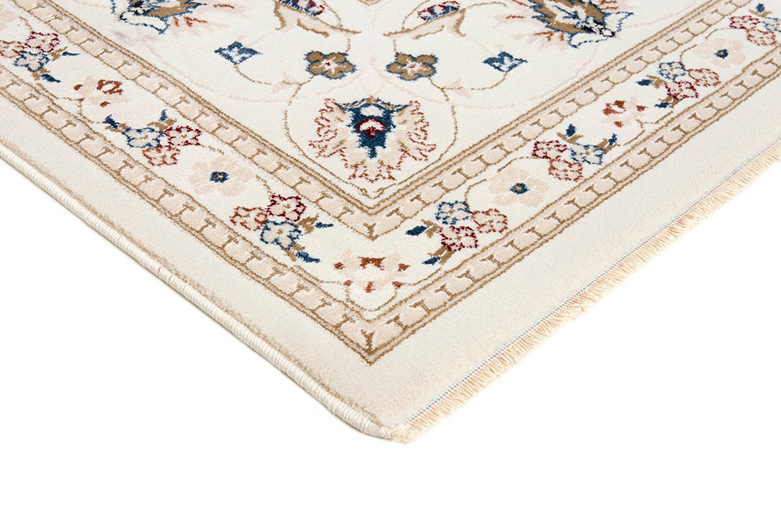 Traditional Persian Nain style rug. White with a border and a detailed pattern.
