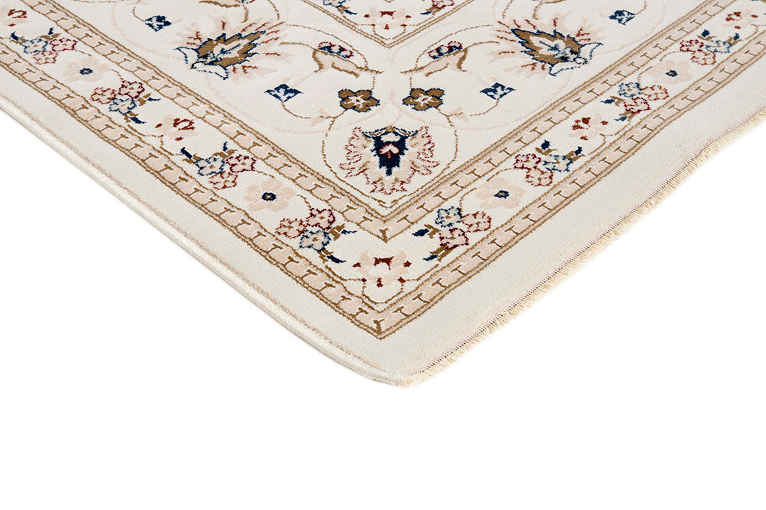 Traditional Persian Nain style rug. Detailed black pattern with a white border.