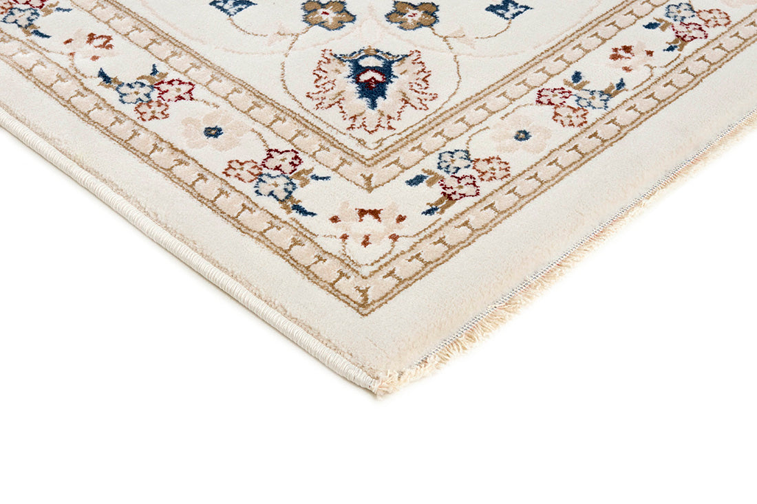 Traditional Persian Nain style runner. Detailed navy pattern with a white border.
