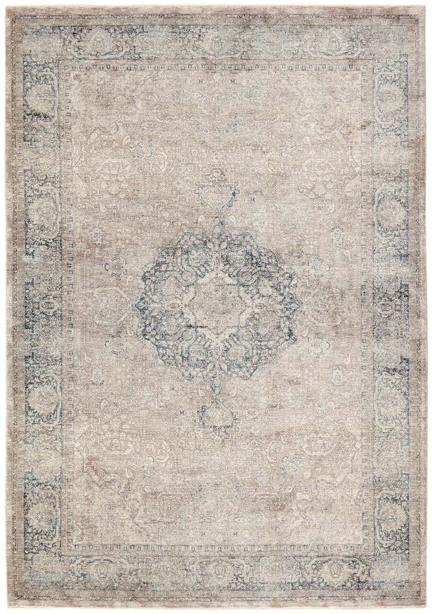 Traditional style rug with beige backing and blue patterned border design