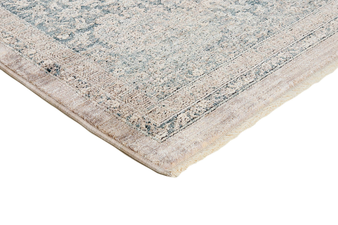 Traditional style rug with beige backing and blue patterned border design