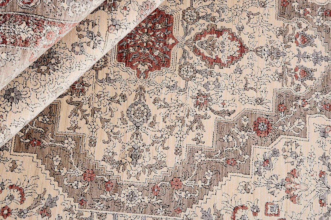 Traditional style rug with cream backing and red patterned border design