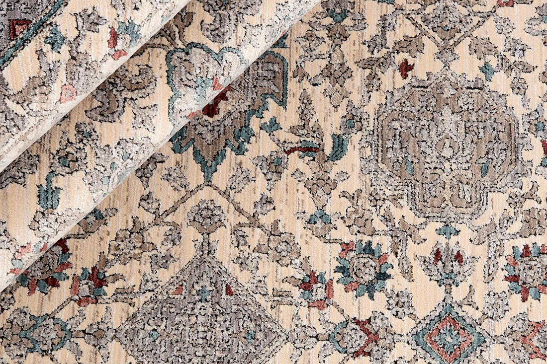 Traditional style rug with cream backing and red patterned border design