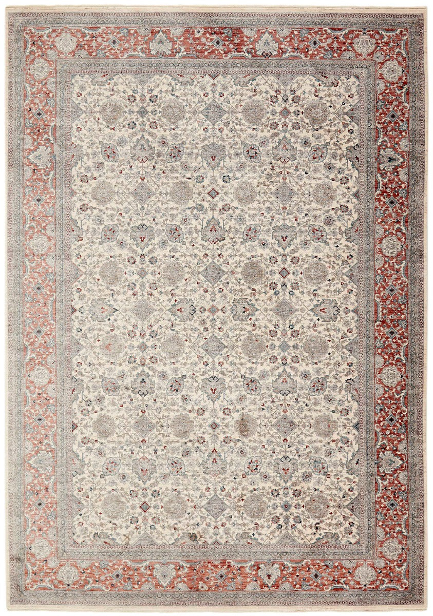 Traditional style rug with cream backing and red patterned border design