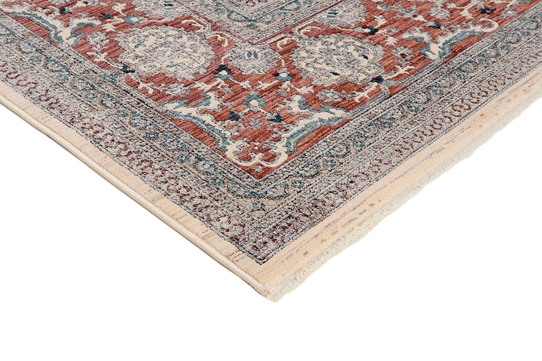 Traditional style rug with cream backing and red patterned border design