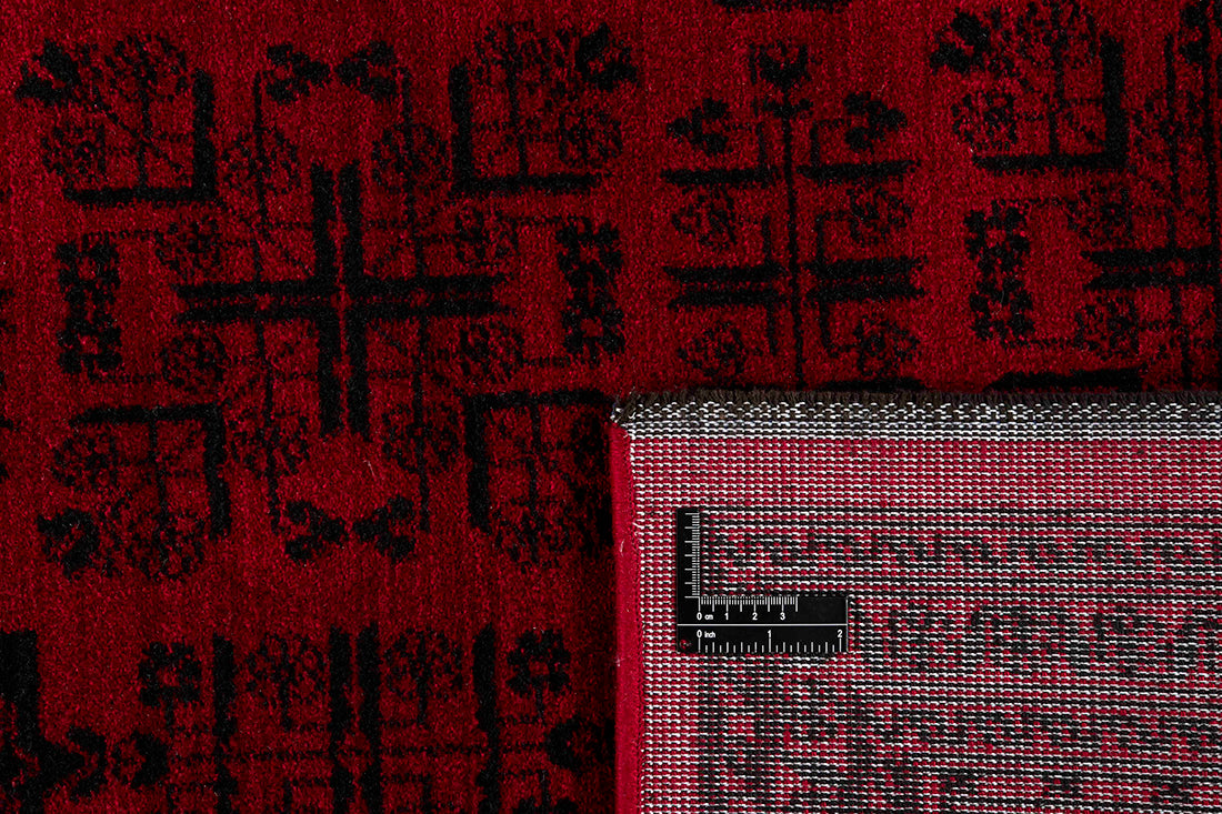Printed Persian style red rug with black print