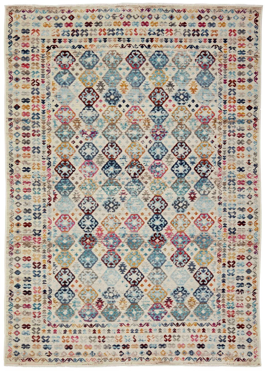 Traditional style Kilim rug with white background and multicolour pattern