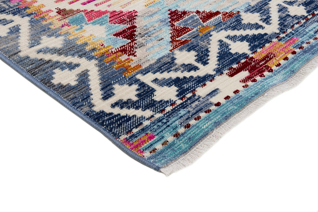 Traditional style Kilim rug with a blue border and multicolour pattern