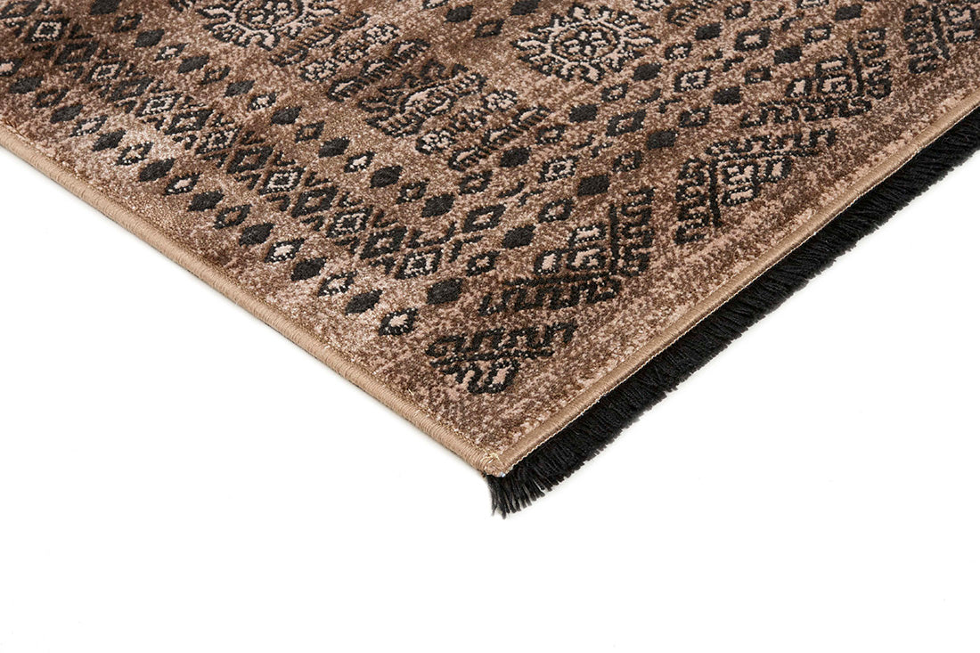 Traditional Bokhara style rug with border. In shades of brown
