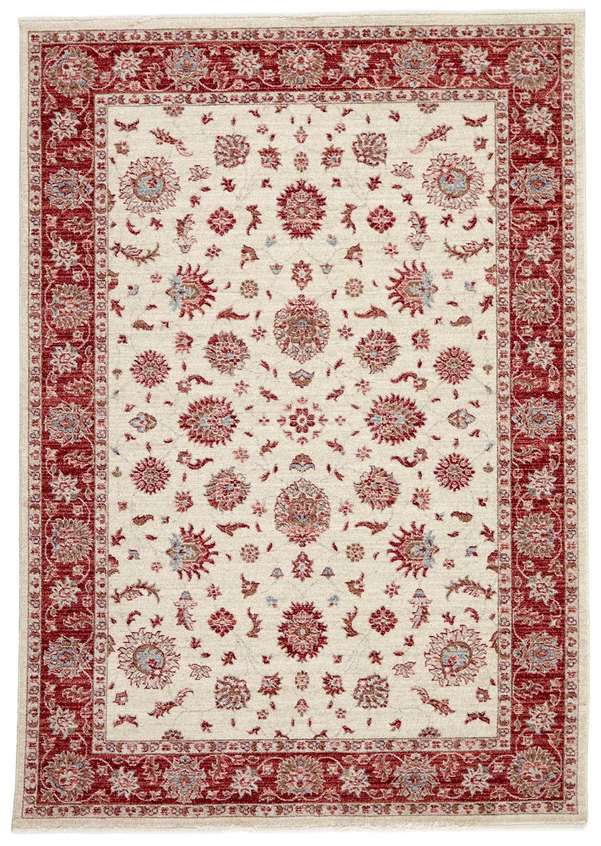 Traditional red bordered Ziegler-style rug with floral motif