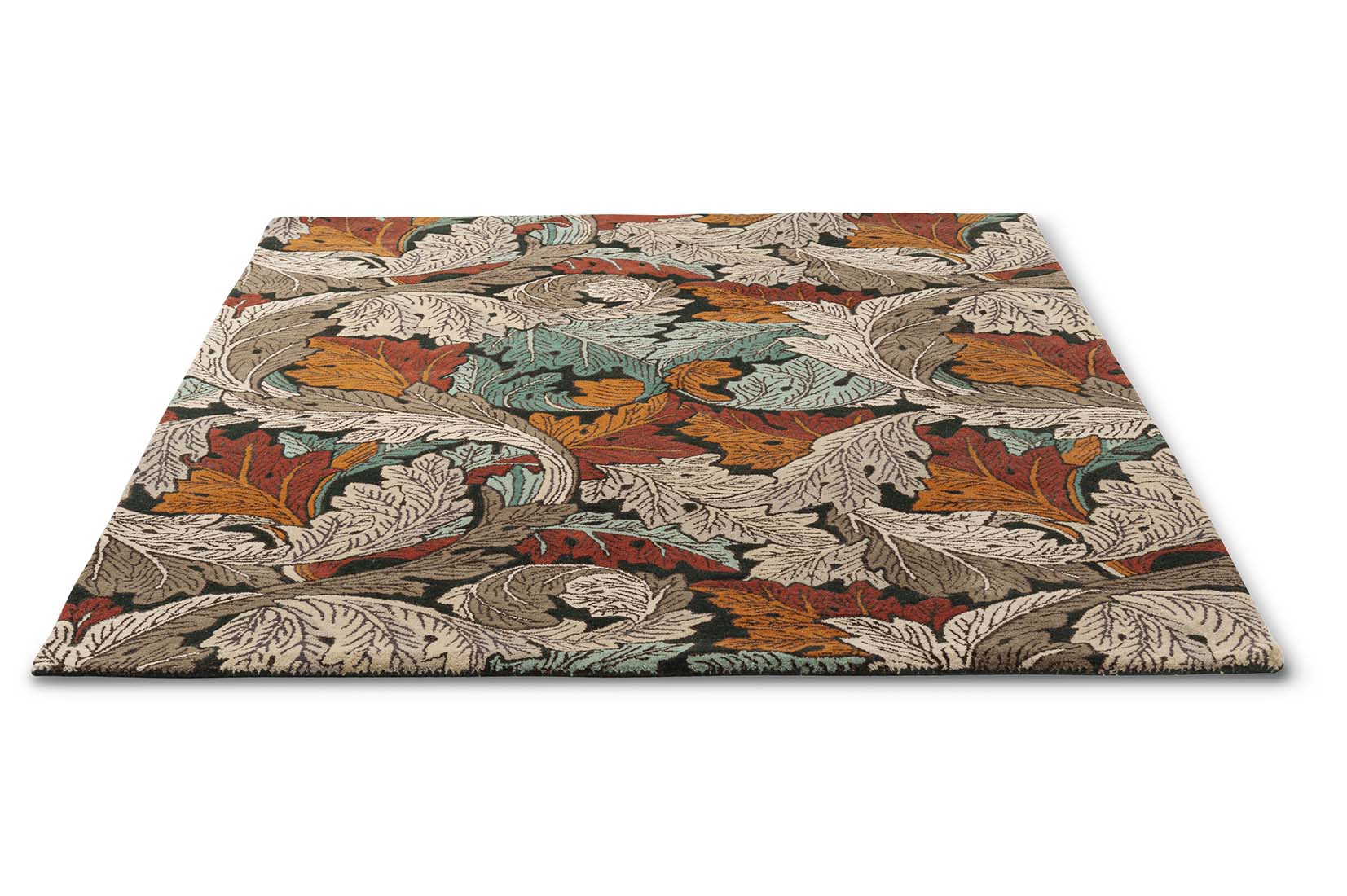 autumnal coloured wool rug with leaf design