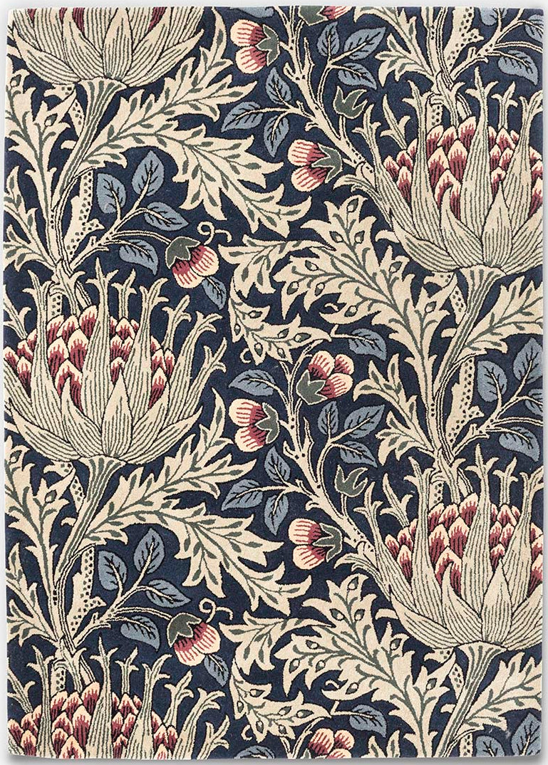 blue and red wool rug with floral print