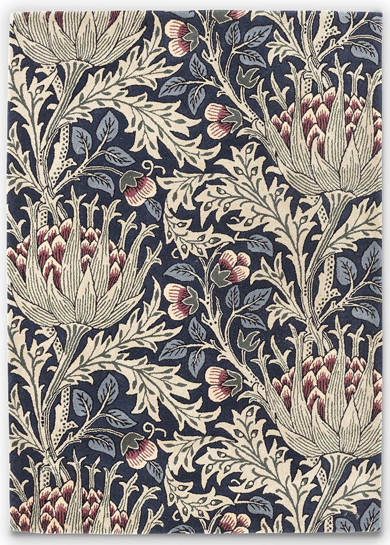 blue and red wool rug with floral print
