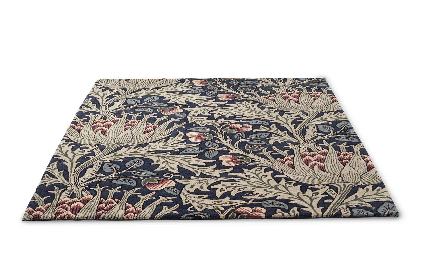 blue and red wool rug with floral print