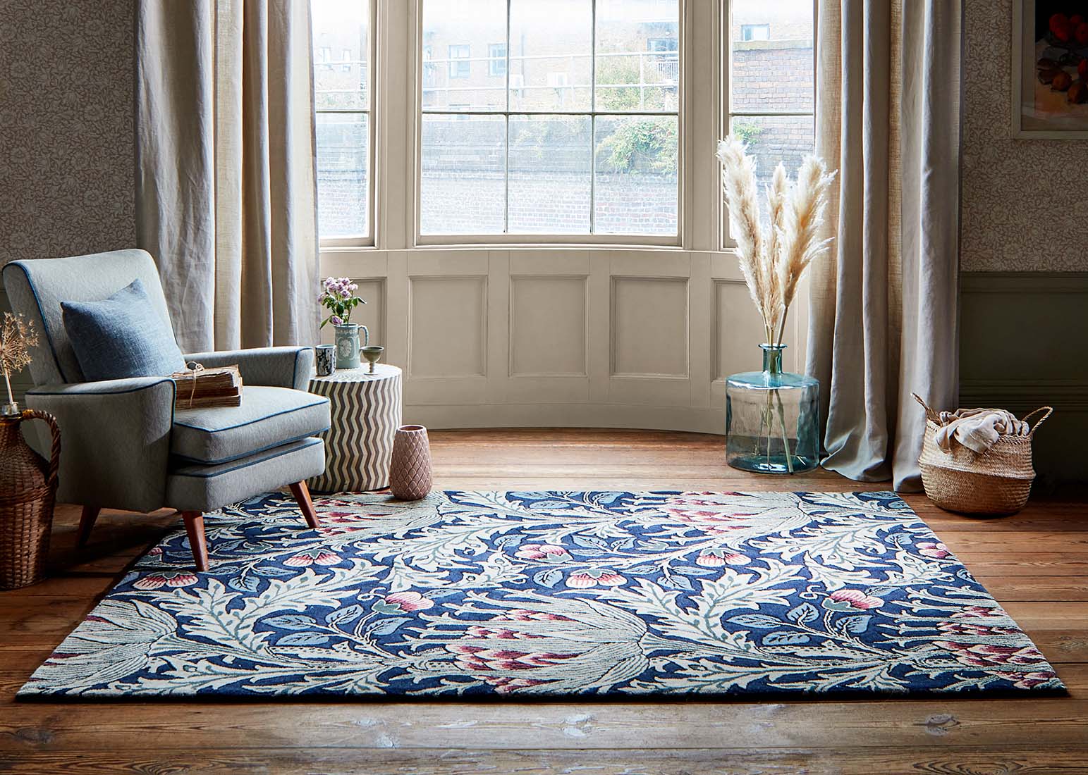 blue and red wool rug with floral print