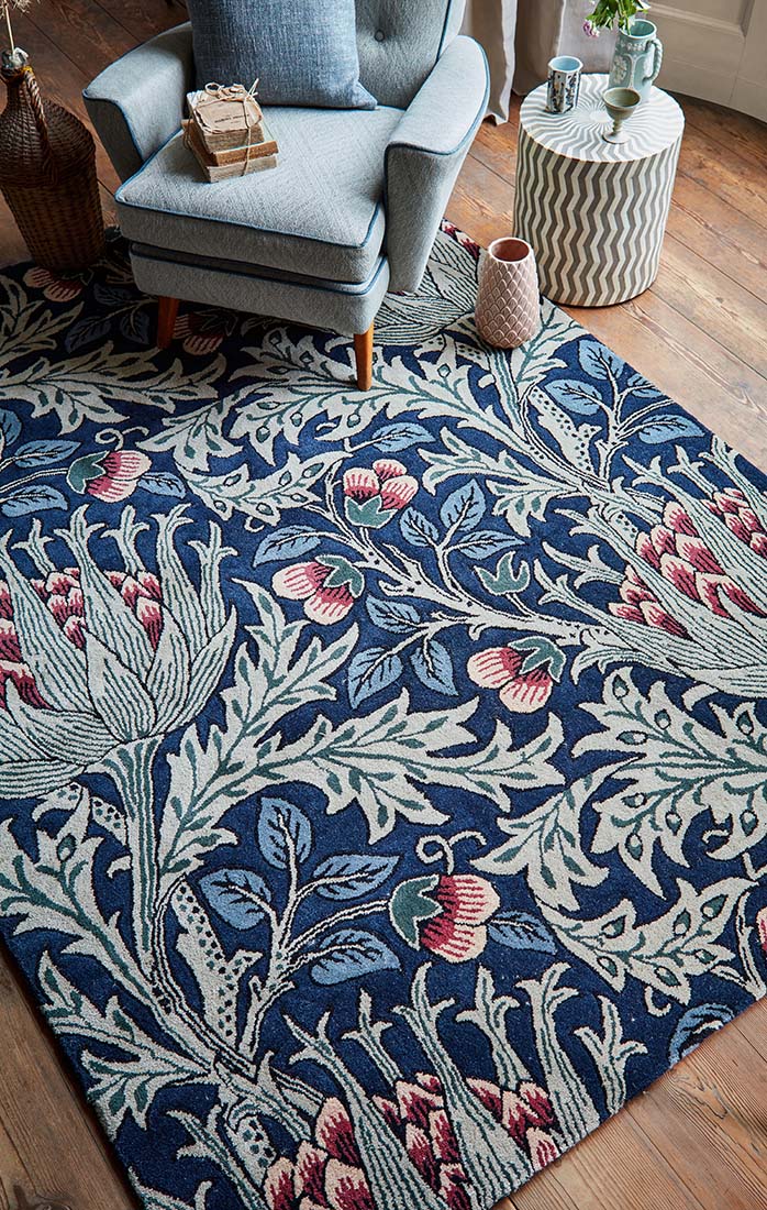blue and red wool rug with floral print