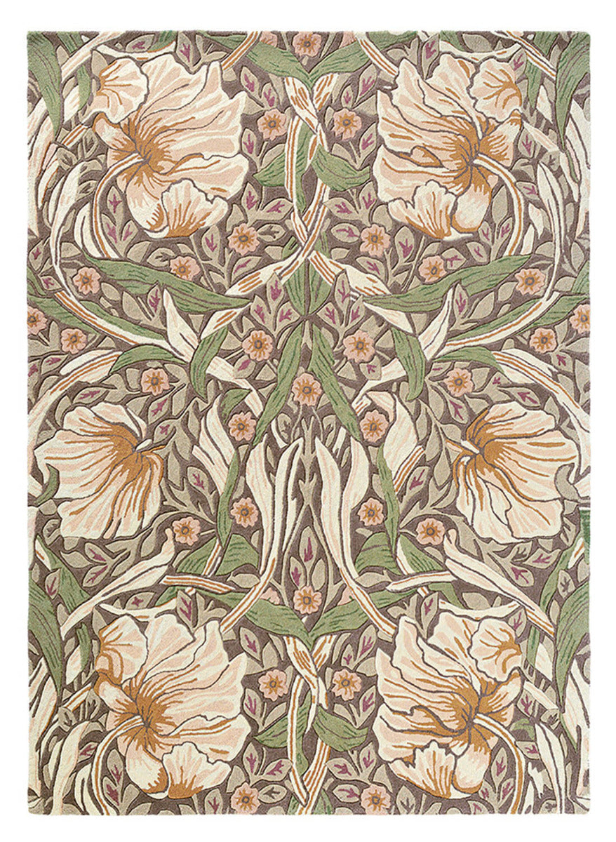 Wool rug with floral and foliage design in cream, peach, aubergine and green