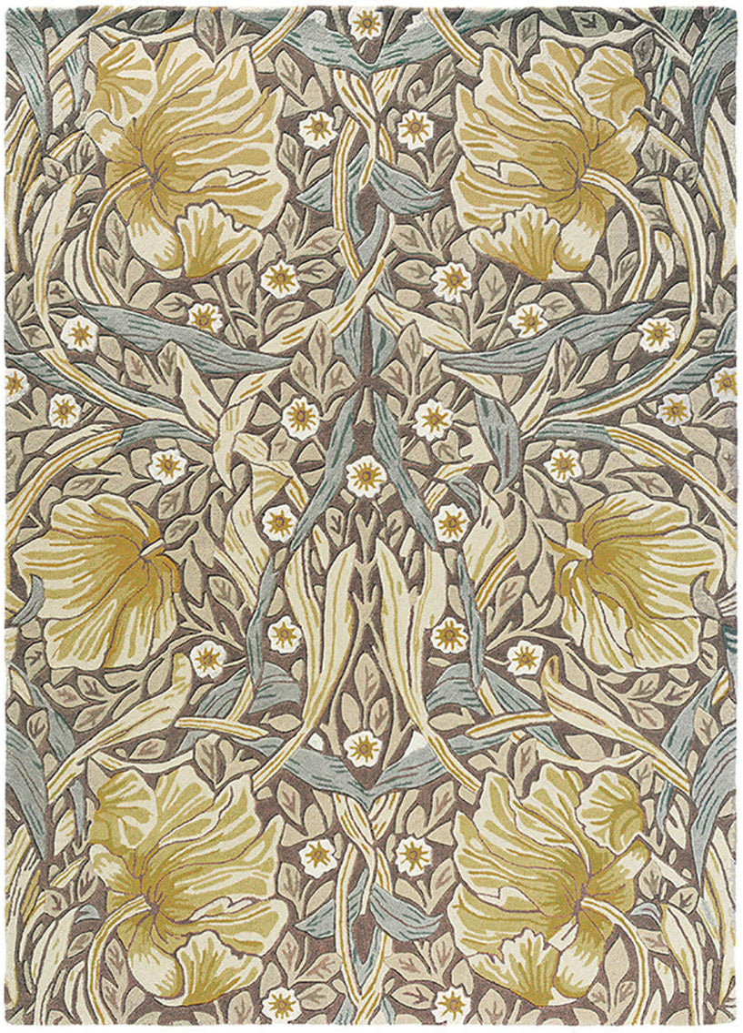 Wool rug with floral and foliage design in brown, grey and gold