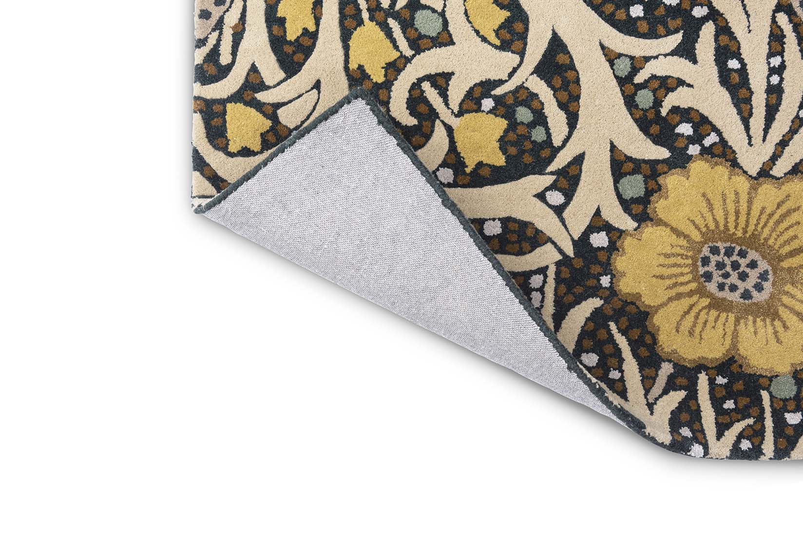 mustard and cream wool rug with nature inspired print