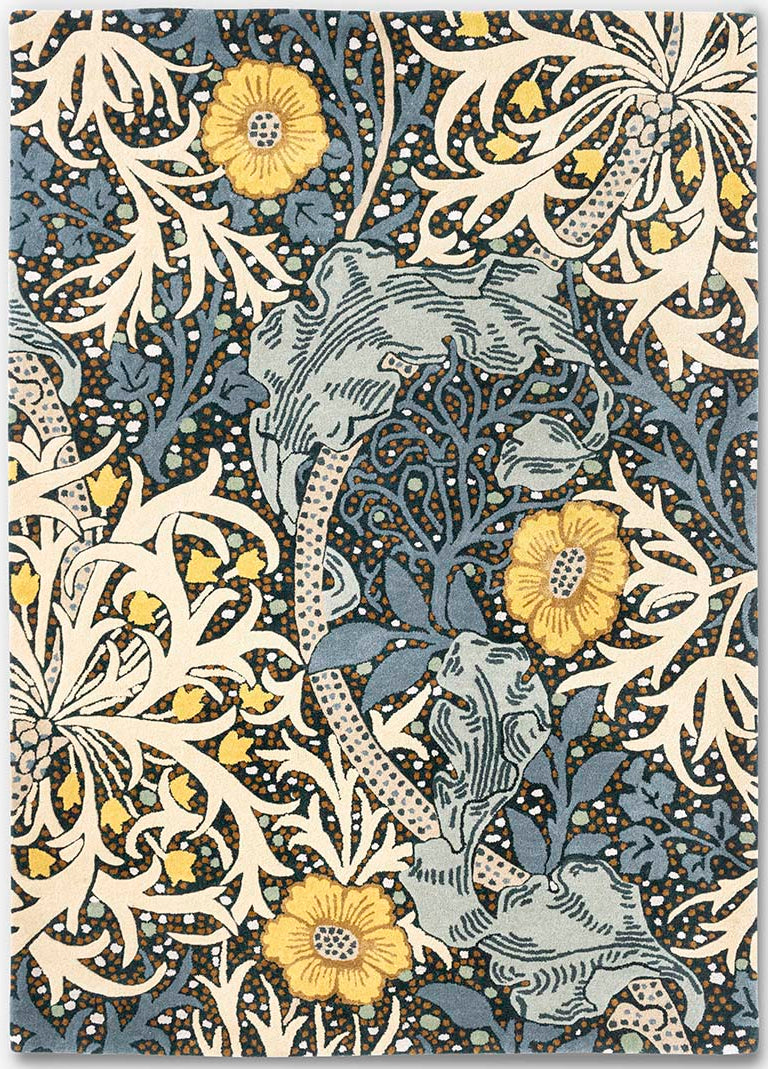 blue, mustard and cream wool rug with nature inspired print