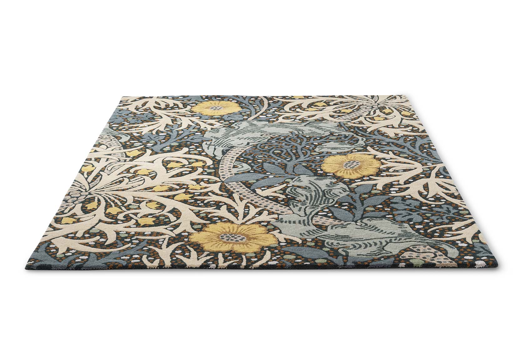 mustard and cream wool rug with nature inspired print