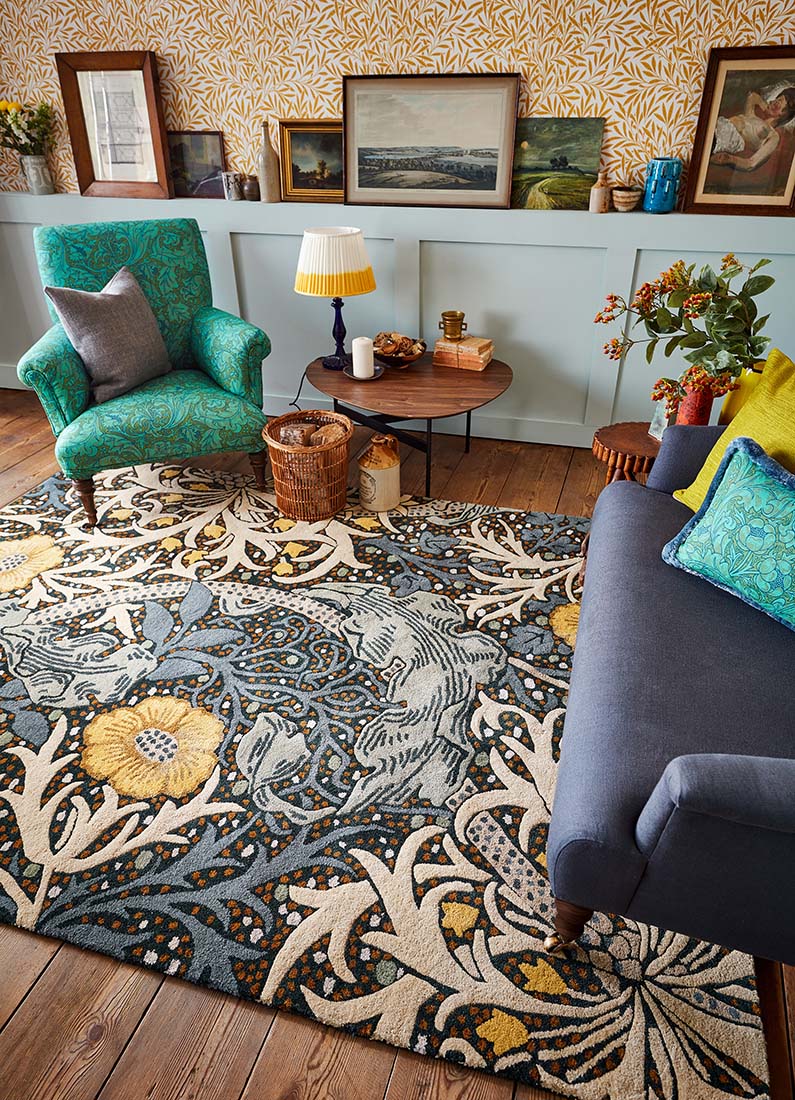 mustard and cream wool rug with nature inspired print