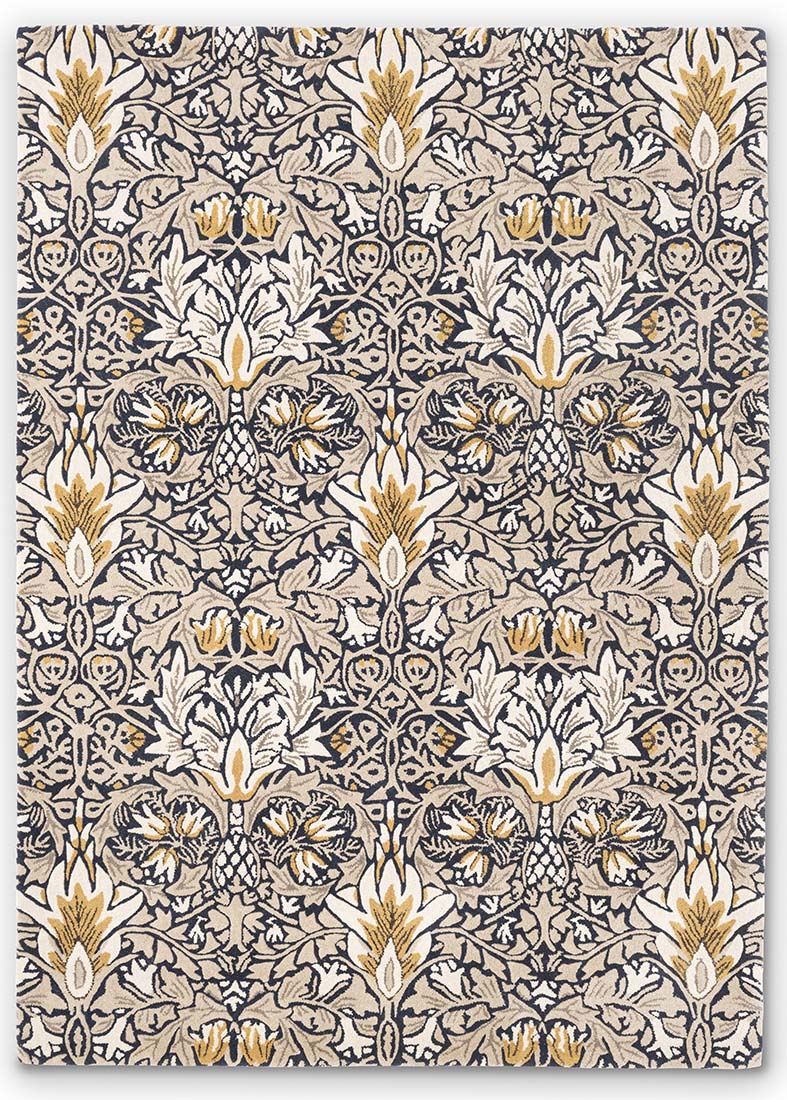 navy and beige coloured floral wool rug
