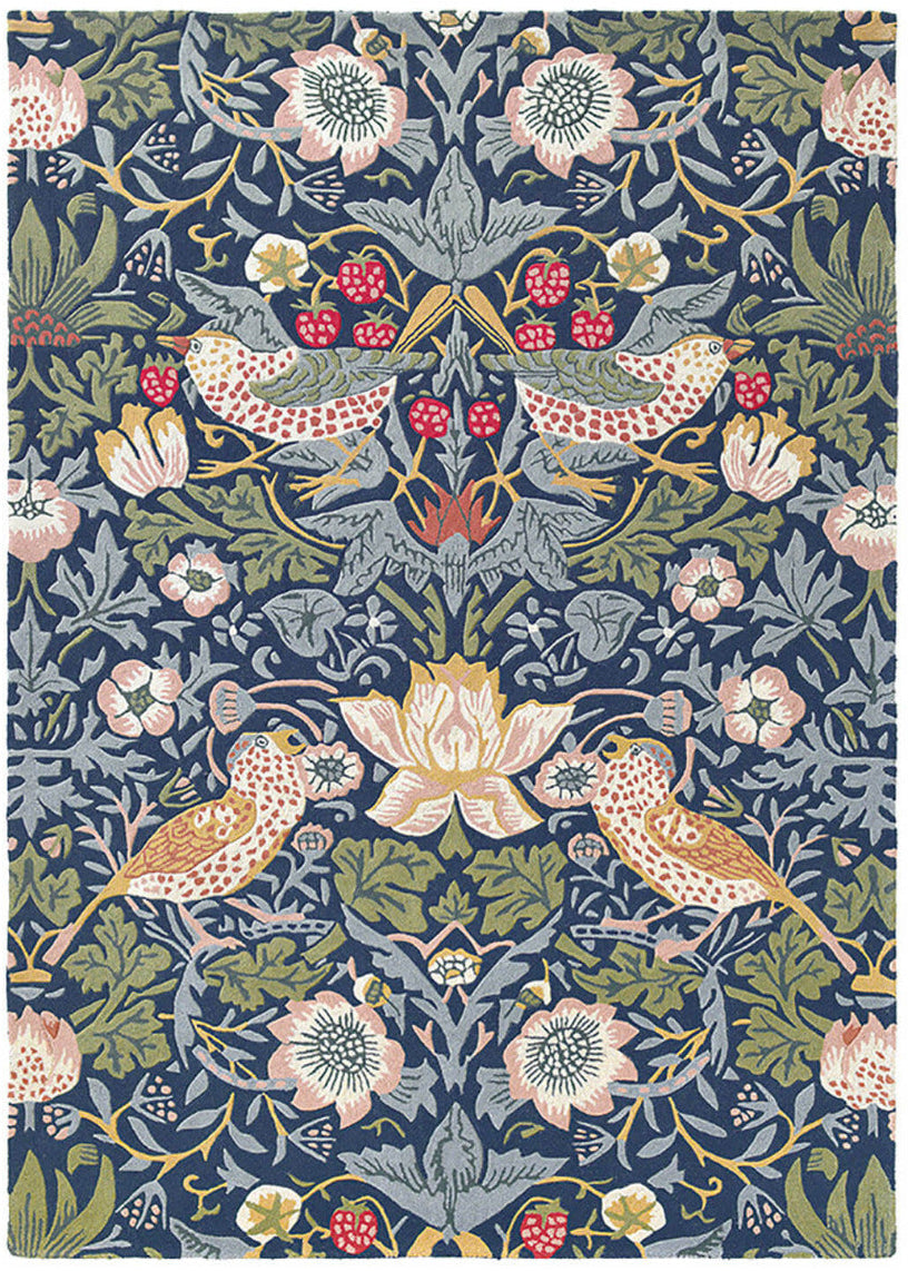 Wool rug with floral bird design in blue, red and green