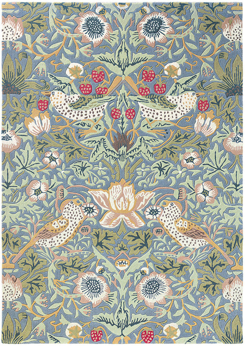 Wool rug with floral bird design in grey, blue, red and green