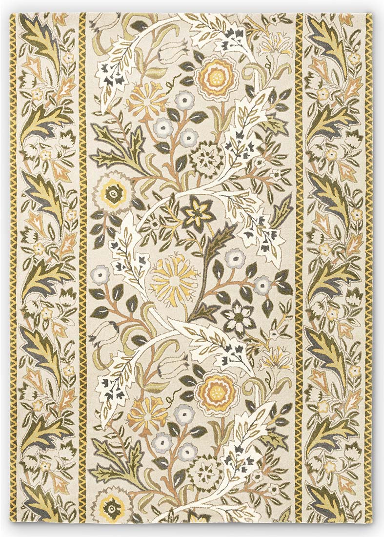 beige wool rug with multicolour floral design
