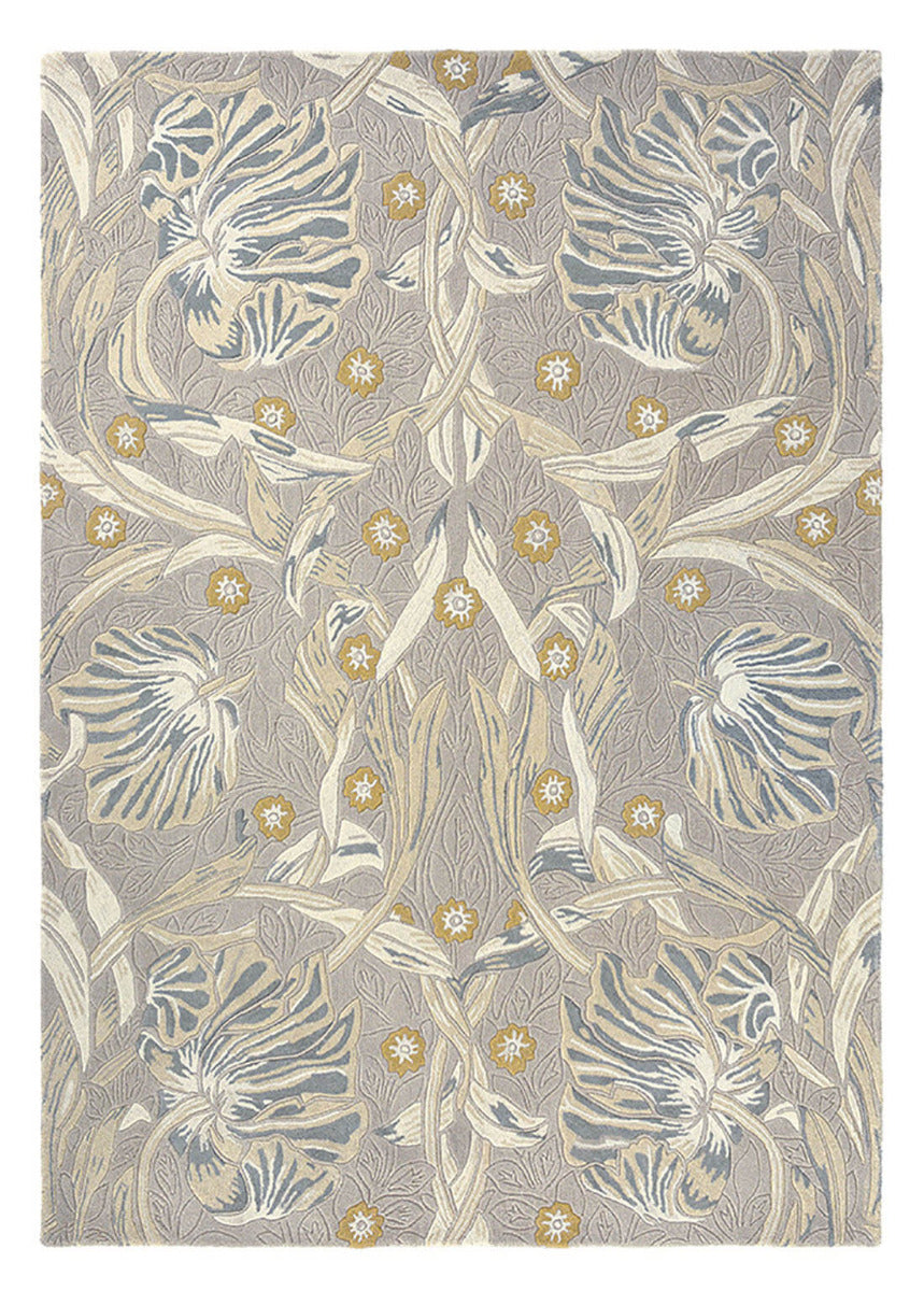 Wool rug with floral and foliage design in grey and beige