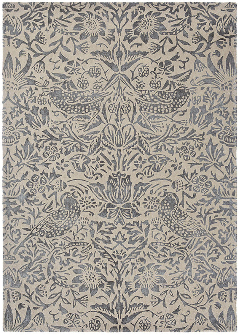 Wool rug with floral bird design in grey and ivory white