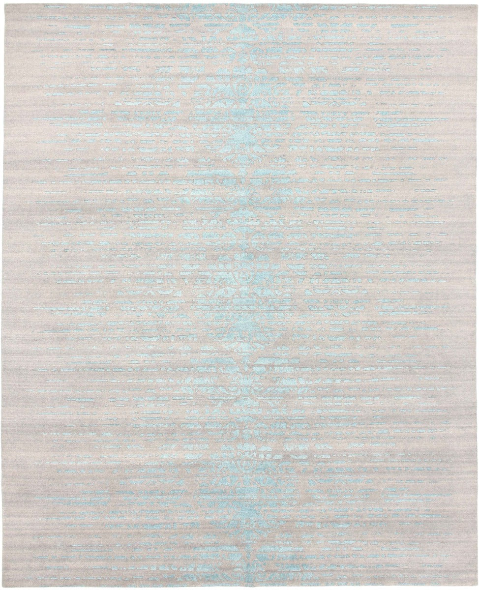 large area rug with abstract damask design in blue