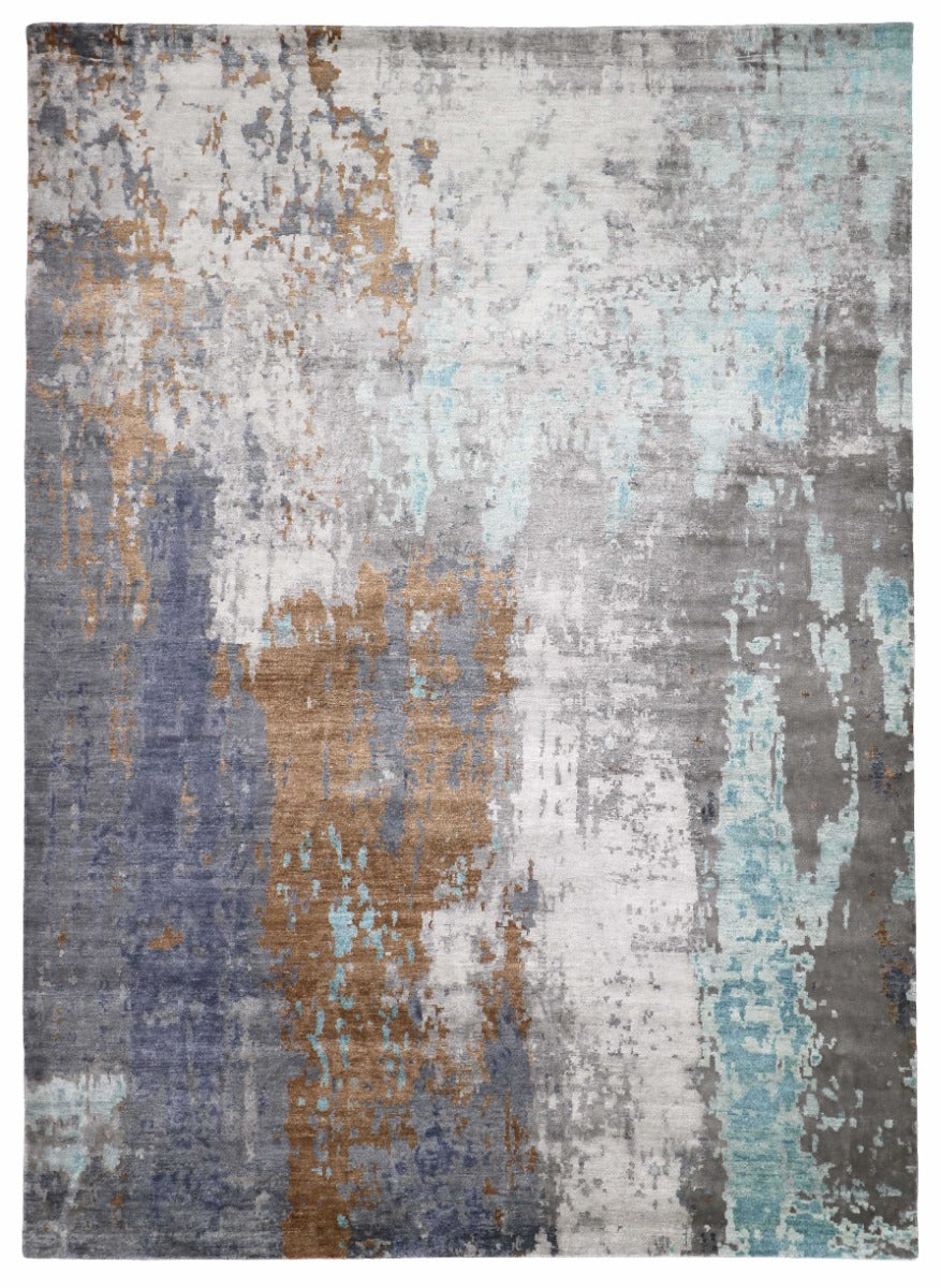 beige, grey, blue, purple and terracotta abstract rug