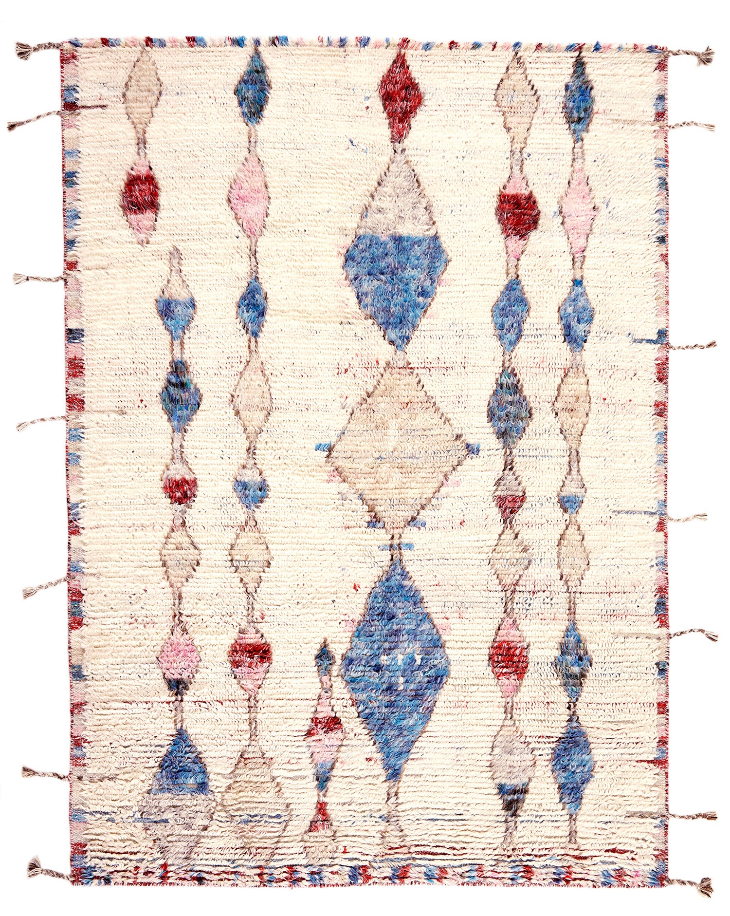 modern moroccan wool rug in cream, blue and red