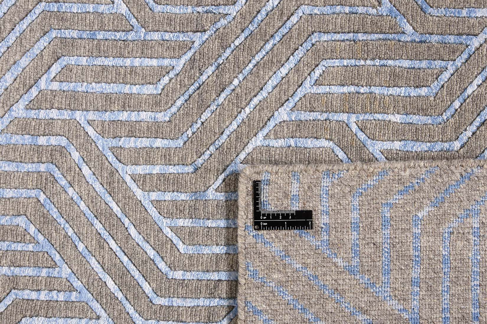 viscose and wool geometric rug in grey and blue