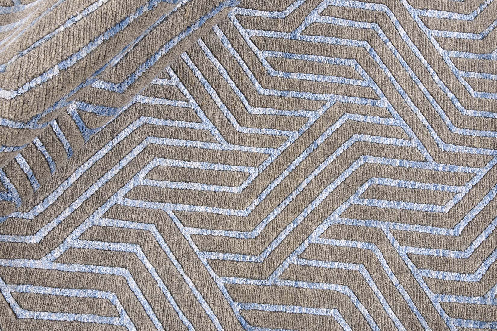 viscose and wool geometric rug in grey and blue