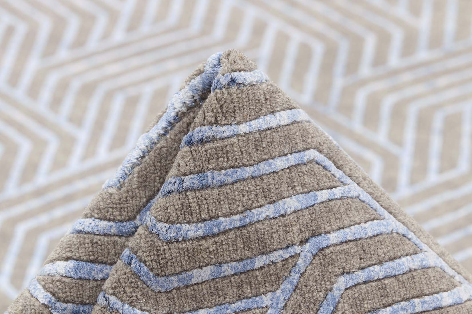 viscose and wool geometric rug in grey and blue