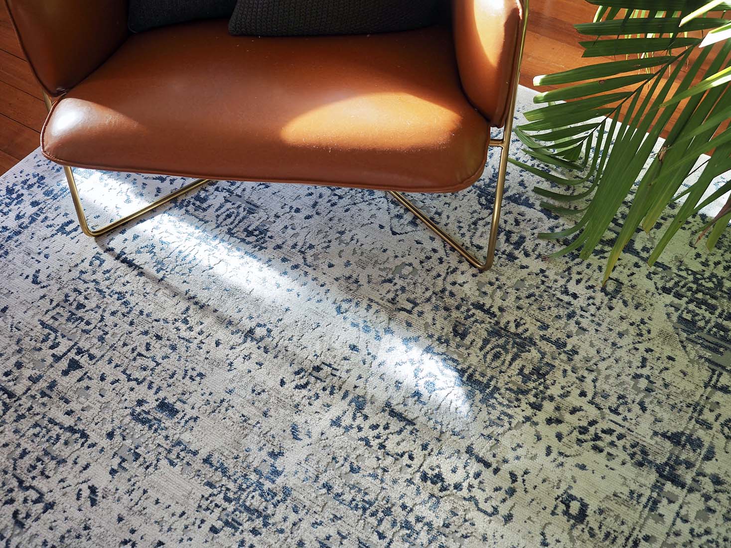 grey Persian style area rug with navy detail