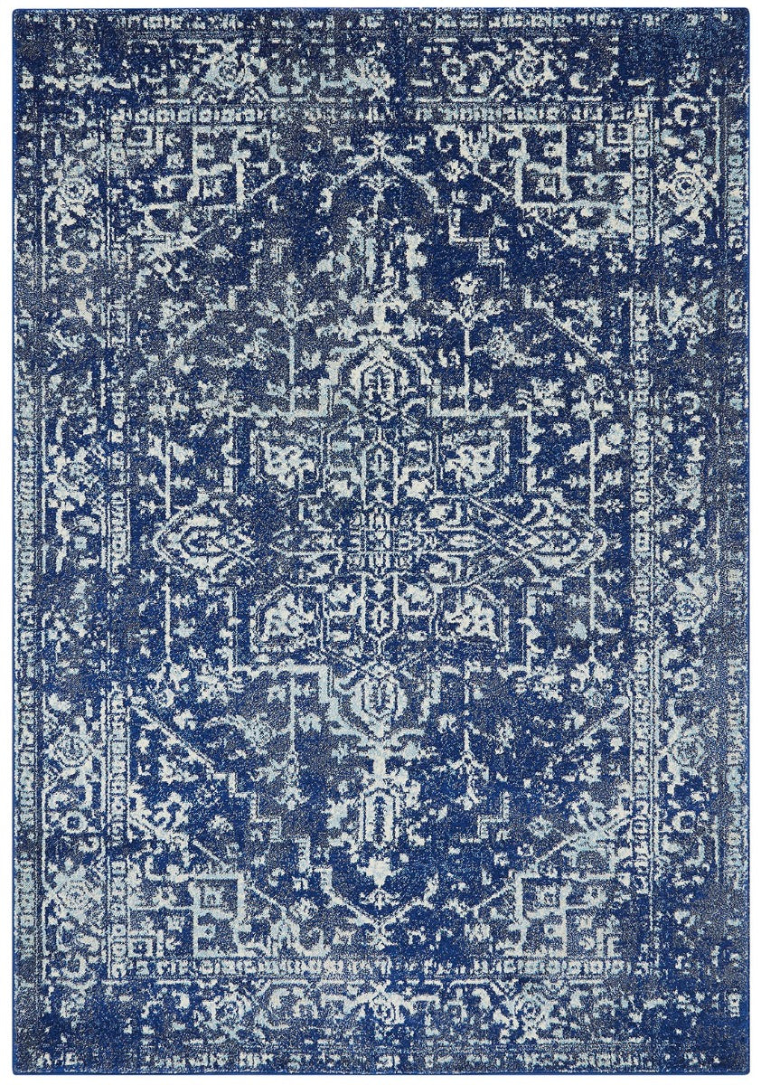 navy blue rug with an oriental design