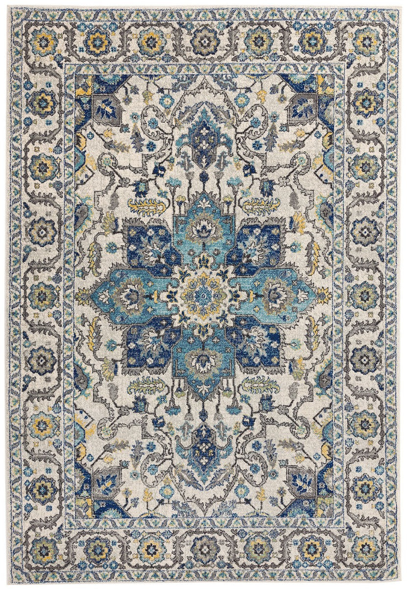blue and white rug with an oriental design