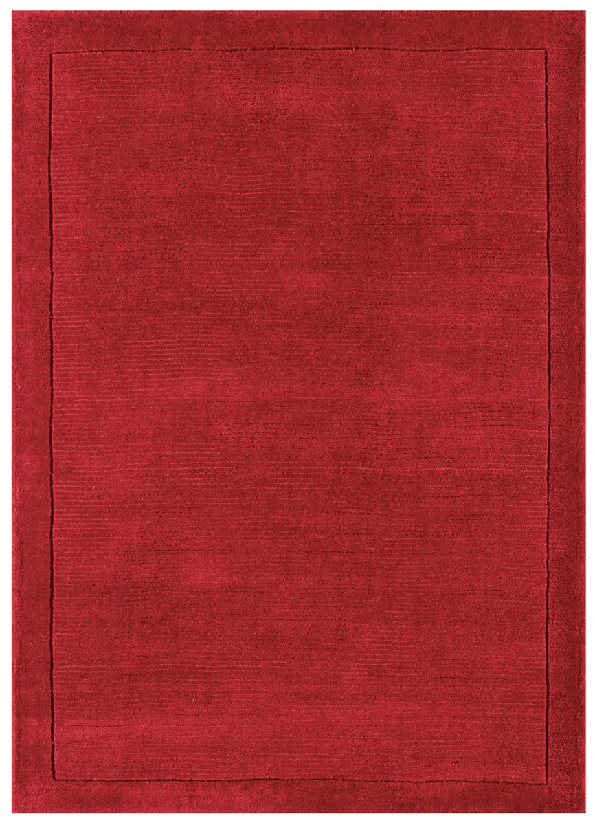 A plain red rectangle-shaped wool rug with thin border.