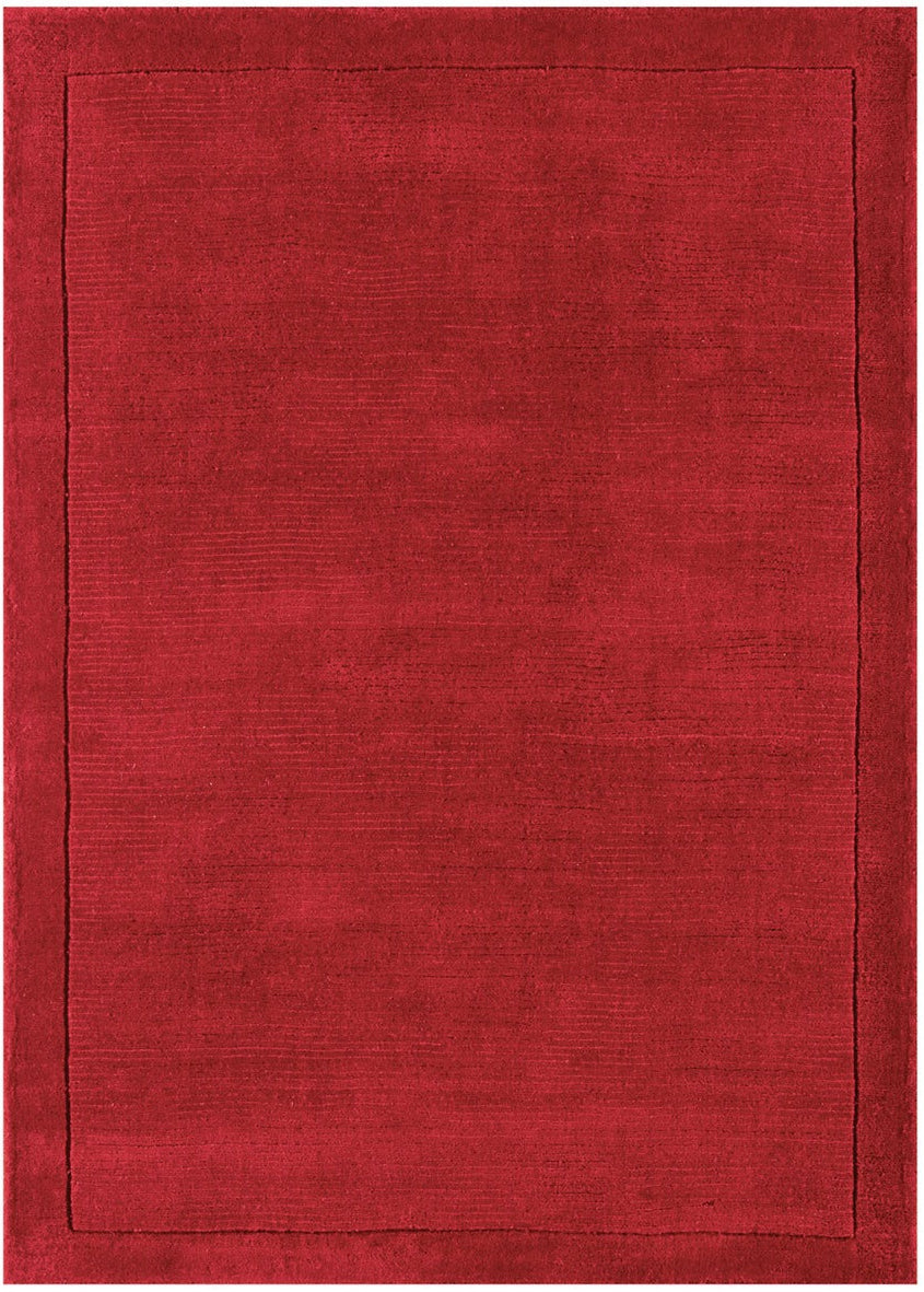A plain red rectangle-shaped wool rug with thin border.
