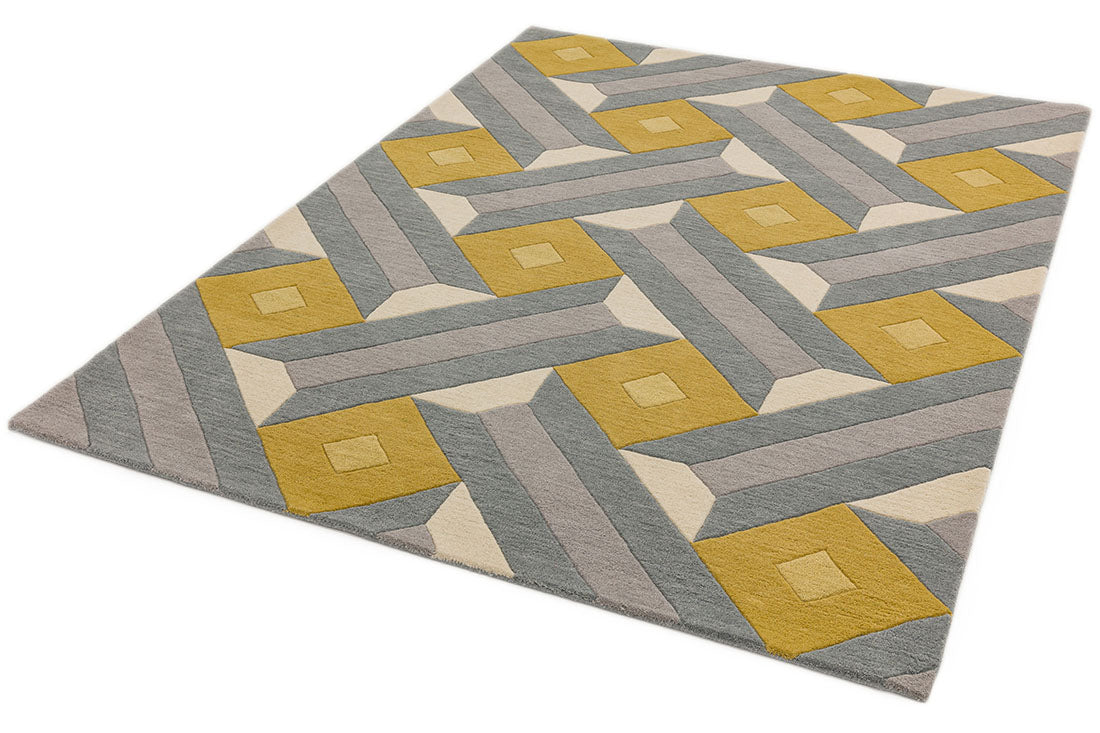 multicolour geometric rug in mustard yellow and grey