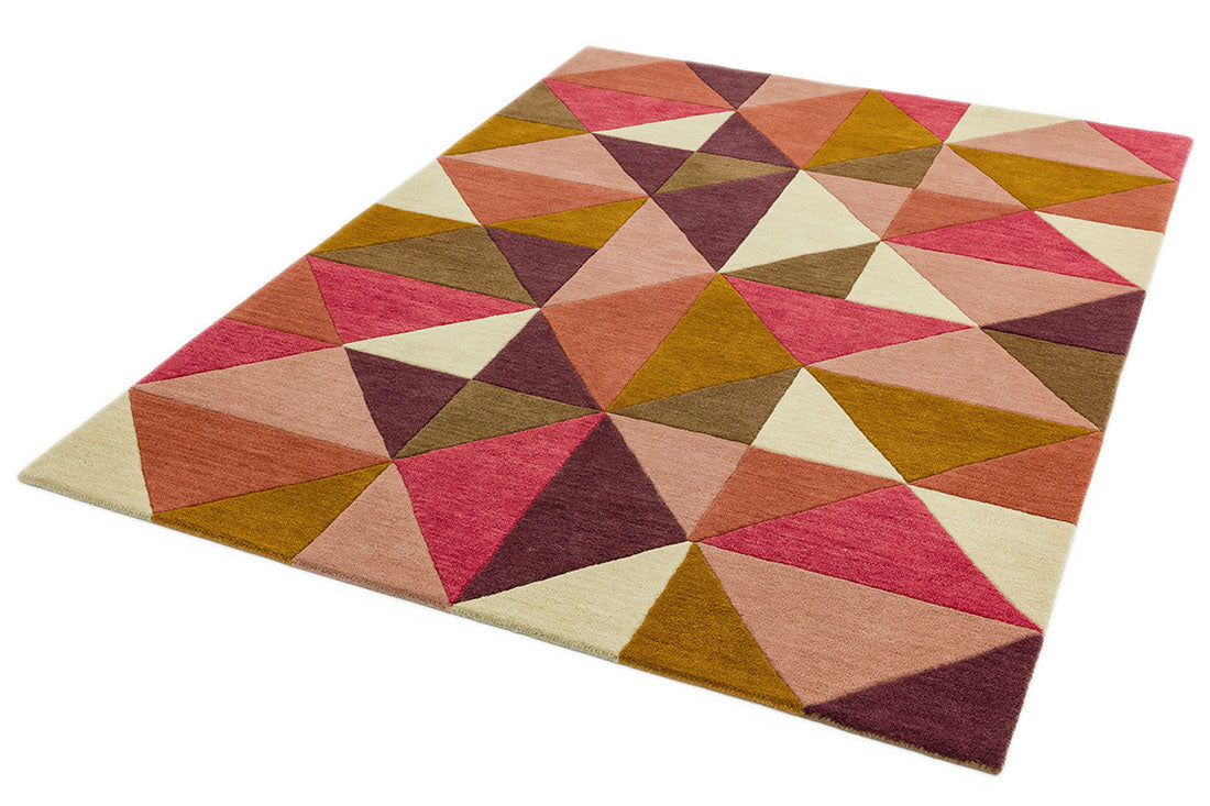 multicolour geometric rug in pink purple and brown