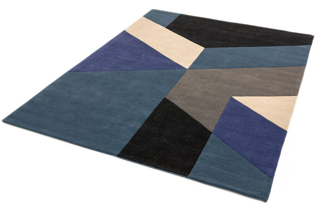 multicolour geometric rug in blue and black