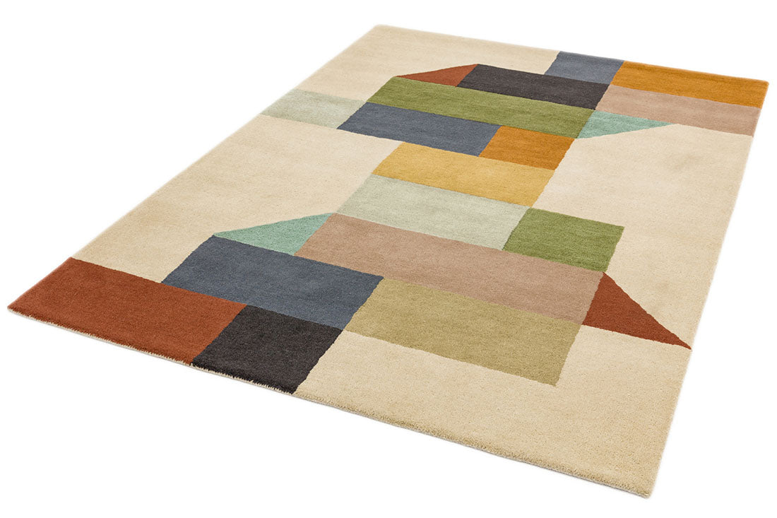 multicolour geometric rug in mustard yellow